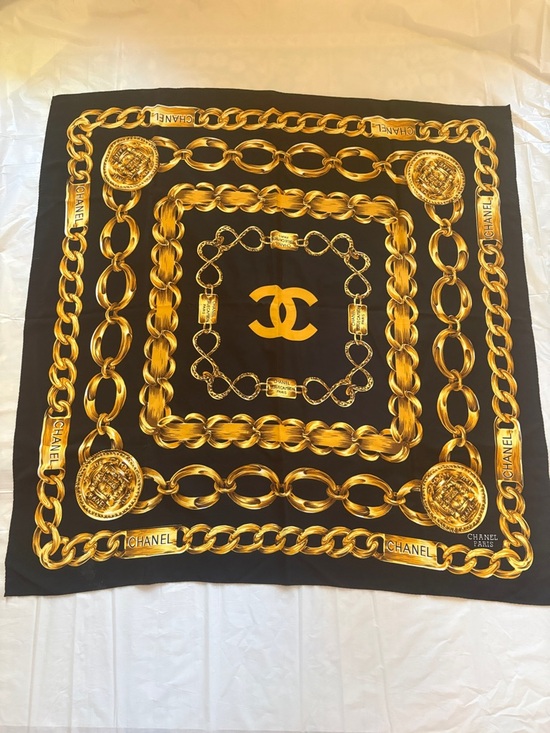 CHANEL Accessories - Vintage CHANEL Black and Gold Chain Motif Silk Scarf